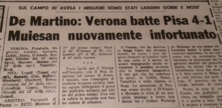 Estratto de L'Arena del 12 febbraio 1971: De Martino:  Verona batte Pisa 4 a 1