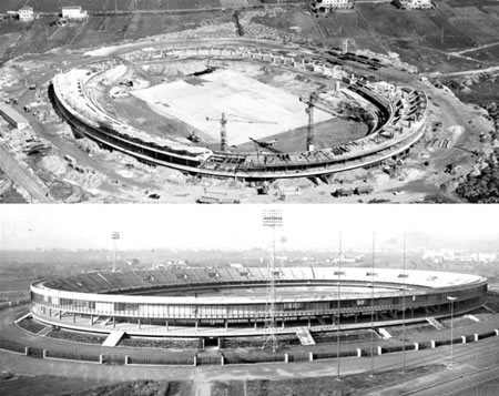 L'immenso cantiere dello stadio e l'opera  appena conclusa. Foto archivio Mazzi Costruzioni.
