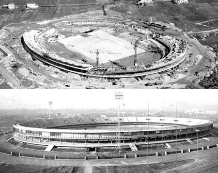 L'immenso cantiere dello stadio e l'opera appena conclusa. Foto archivio Mazzi Costruzioni.