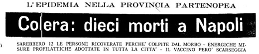 Titolo dell'articolo sui casi di colera a Napoli, da La Gazzetta di Mantova del 30 agosto 1973